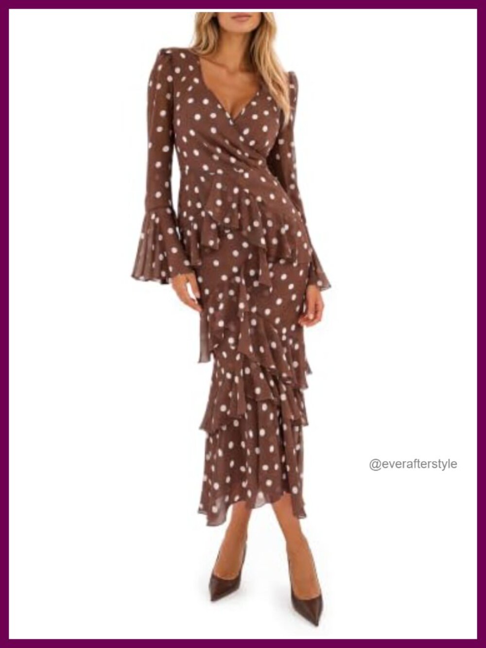Womens Long Sleeve Maxi Dress Polka Dot Ruffle V Neck High Low Chiffon